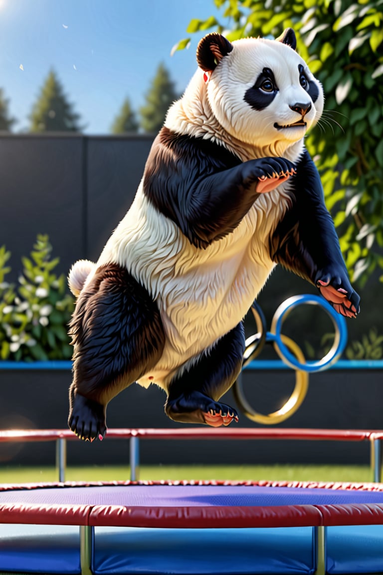 4k,masterpiece,best quality,a female fat panda,feral,Trampoline,furry,5 toes,olympic rings,short tail,,gentle,realistic,contest