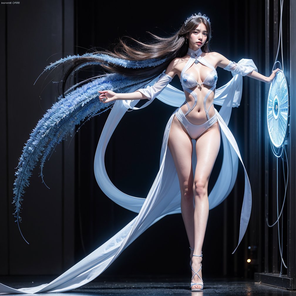 A stunning 18-year-old beauty in a full-body transparent sci-fi costume, with exquisite facial features and detailed hands. Her fiber hair flows effortlessly as she strikes a pose, illuminated by internal LED lighting that accentuates her slender physique (170cm tall, 45kg weight). Her eyes sparkle with an otherworldly glow, showcasing her radiant blue irises. The Pedaipan style framing captures the dynamic energy of this futuristic siren, with a focus on her captivating magnificence.