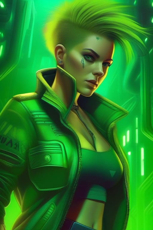 Woman sexy, hair short Green, eyes Green, jacket cyberpunk, running in a maze, style mad Max 