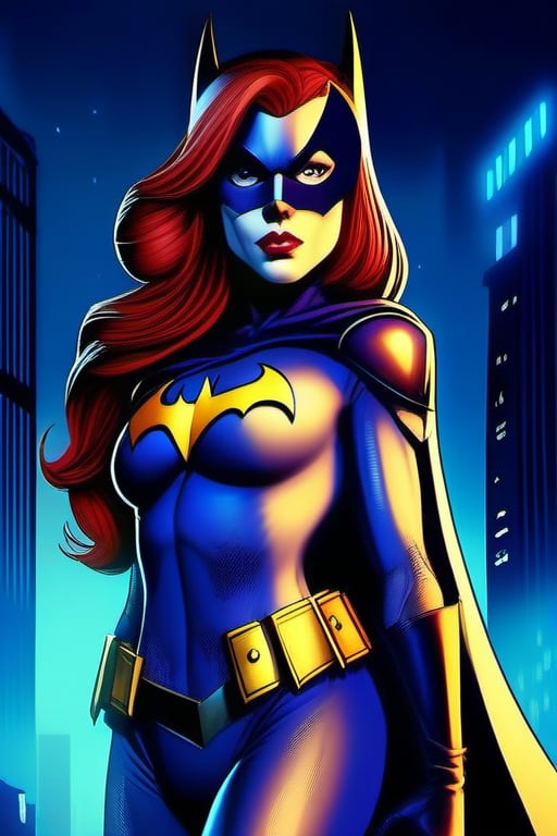 Batgirl stands confidently, mask gleaming in the night's darkness, as the radiant Bat Signal shines brightly behind her. Her tight-fitting dark blue costume hugs her curves, showcasing her perfect large breasts. The iconic bat logo on her chest proudly displays her heroic persona. With a determined grip, she holds a Bat Boomerang in her right hand, ready to take on any challenge that comes her way.