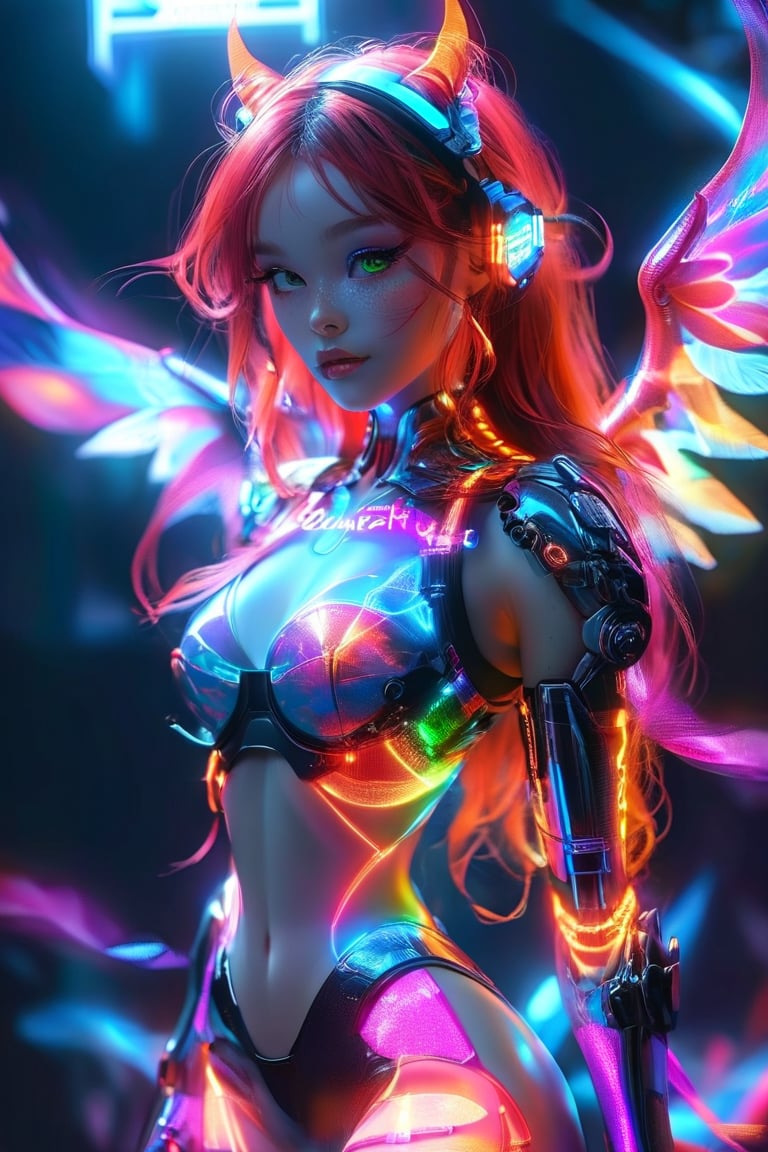 Extreme detailed,ultra Quality,1girl,perfect Body, red hair, big cat's eyes,
Hologram body girl,hybrid albino demon little queen, (long intricate horns),mini wings,Wearing hologram doctor suit,outline only,glowing wireframe, rainbow hologram,random color,transparent body, void body, only outline neon tube,rainbow colors, CyberPunk style,aesthetic grid, silhouette ,neon style,3D Mesh,neon,LegendDarkFantasy,alien,Strong Backlit Particles,outline,APEX colourful ,ichika,