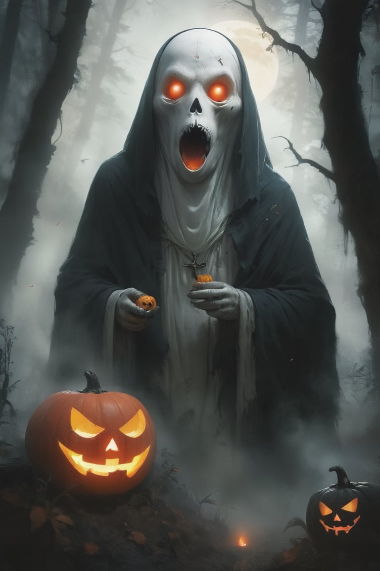 A a hauntingly vivid image depicts a grotesque Pocong with a Jack-o-Lantern face. Its death shroud is orange and tattered as it stalks its victim. Carved eye sockets glaw red and seem to bore into the soul, illuminated only by the faint light of the moon, which casts long shadows across the dark, damp forest floor. The sharp lines and photorealistic details of MSchiffer's illustration evoke a sense of unease. The Pocong's presence is both mesmerizing and terrifying.