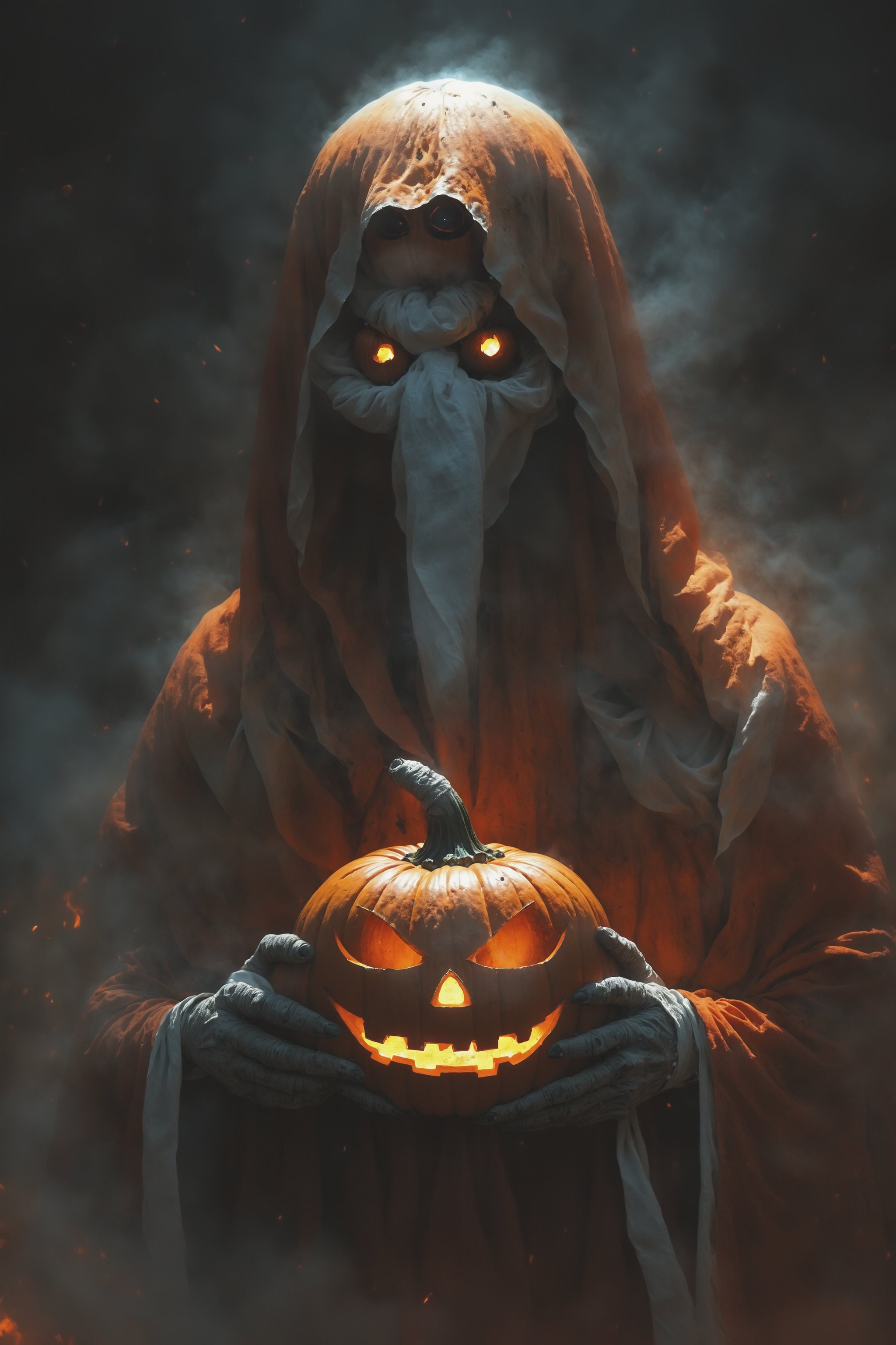 A Pocong with a pumpkin face and orange robe.  : A hauntingly vivid image depicts a grotesque pumpkin faced pocong , its orange death shroud is tattered, and its hollow carved eyes are burning red and seem to bore into the soul, illuminated only by the faint light of a distant lantern, he sharp lines and photorealistic details of MSchiffer's illustration evoke a sense of unease, as if the Pocong might spring forth at any moment, its presence both mesmerizing and terrifying.