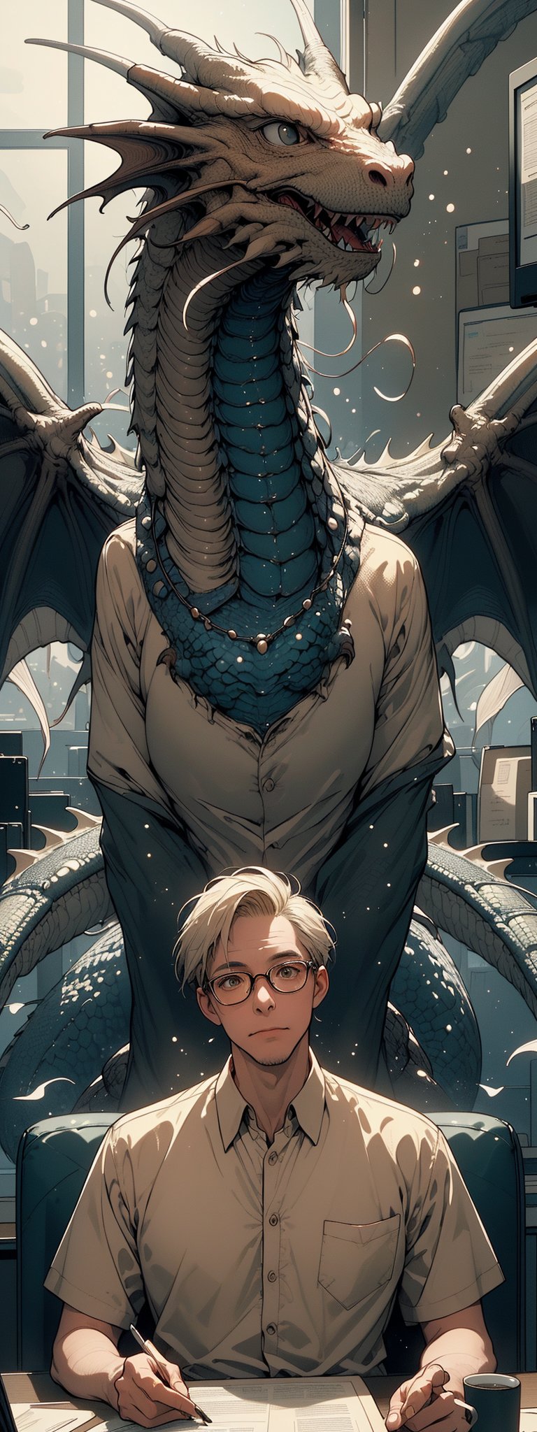 A close-up shot frames the unexpected duo, capturing the peculiar scene where a bespectacled man sits comfortably in his beige-colored office cubicle, flanked by an enormous ten-foot dragon. The dragon's scales glimmer in the soft overhead lighting, as wispy smoke escapes its nostrils, creating a whimsical atmosphere.