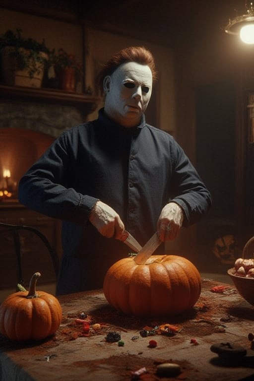 This is an ultra-real, extreme close-up image of Michael Myers from the movie Halloween, holding a large knife, carving a Jack-O-Lantern at the dining room table.   ((Perfect hands)). Also on the table is a large bowl of Halloween candy that will be passed out to trick-or-treaters.