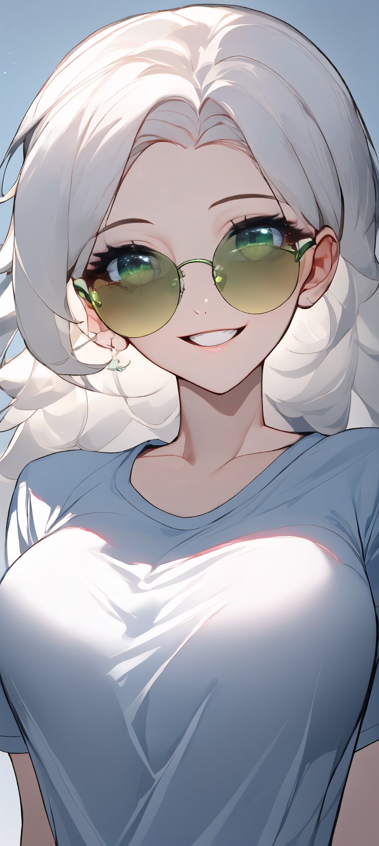 1girl,20 years old,smiling,white long hair,green eyes,round sunglasses,white open t-shirt,(((on the t-shirt,loneyl)))writes(best quality,high level :),(vibrant colors,colour :), (bokeh),(full length portraits), (studio lighting),(ultra fine image),(sharp) focus),(highly detailed eyes, body and face),(detailed lips),(beautiful detailed eyes),( long eyelashes) 