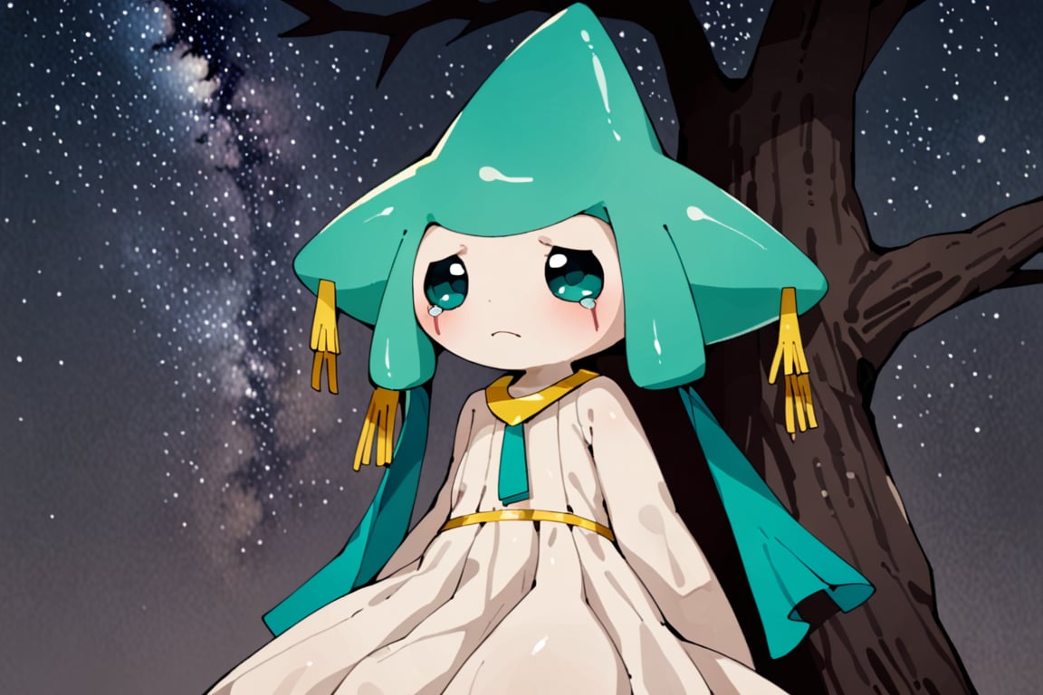 Pokemon, Jirachi, girl, Cute, Sad, mournful, Shiny, Shading, metallic, teal_metallic, teal_head, white_face, White_dress, Short_Dress, gold_tassels, long_tassels, gold_ribbons, flowing_ribbons, gold_amulet, Dark_blue_eyes, tear_drop_markings, cheek_markings, starry_sky, small_body, small_arms, small_legs, milky_way_galaxy, twilight_sky, on_model, official-like_style, (artist)youjomodoki, (artist)himimi, sitting, sitting_on_tree, tree, welling_tears, small_hands, three_fingers,