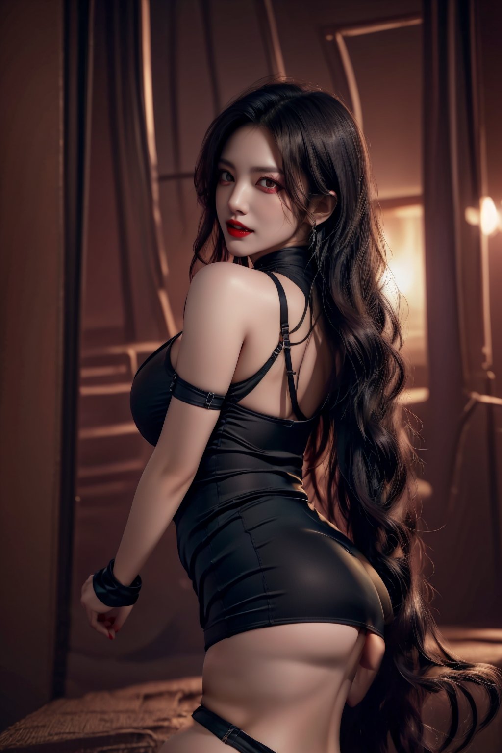 Ultra-realistic portrait of a vampire girl, looking directly at the viewer with piercing red eyes and sharp fangs teeth. Her perfect body is showcased in a revealing black loose dress, emphasizing her huge breasts. A blood drop forms at the corner of her mouth, hinting at her recent feed. Black wavy hair cascades down her back, framing her pale skin. The high-resolution image captures every detail, from the delicate texture of her fangs to the subtle sheen on her skin. The 16k raw photo presents an unparalleled level of realism, as if the vampire girl stepped out of the frame and into reality.