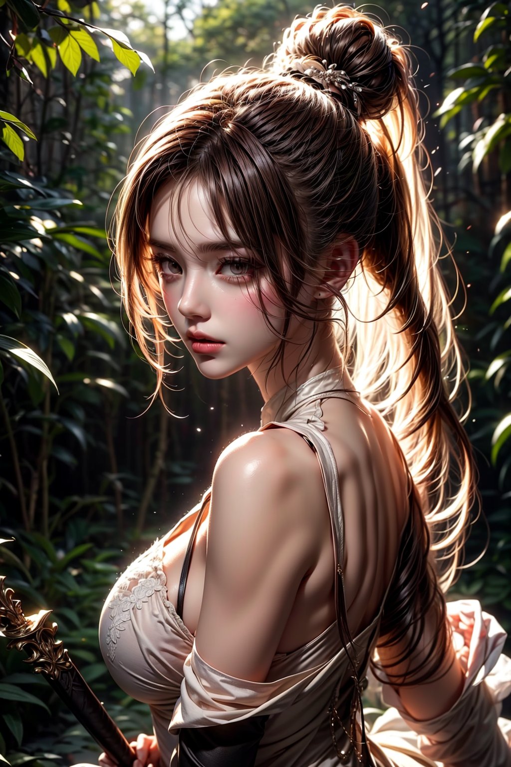 In a dimly lit, misty forest setting, a stunning 16k ultra-realistic portrait of a single girl stands out. She's dressed in a Castlevania-inspired outfit, complete with a long blade and high-heeled boots, showcasing her perfect physique and enormous breasts. Her piercing gaze directly addresses the viewer, her seductive pose drawing attention to her very long ponytail, flowing white locks cascading down her back like a river of silk. The fox ears on her head add an air of whimsy, while her dynamic posture commands attention in this raw, high-resolution photo masterpiece.