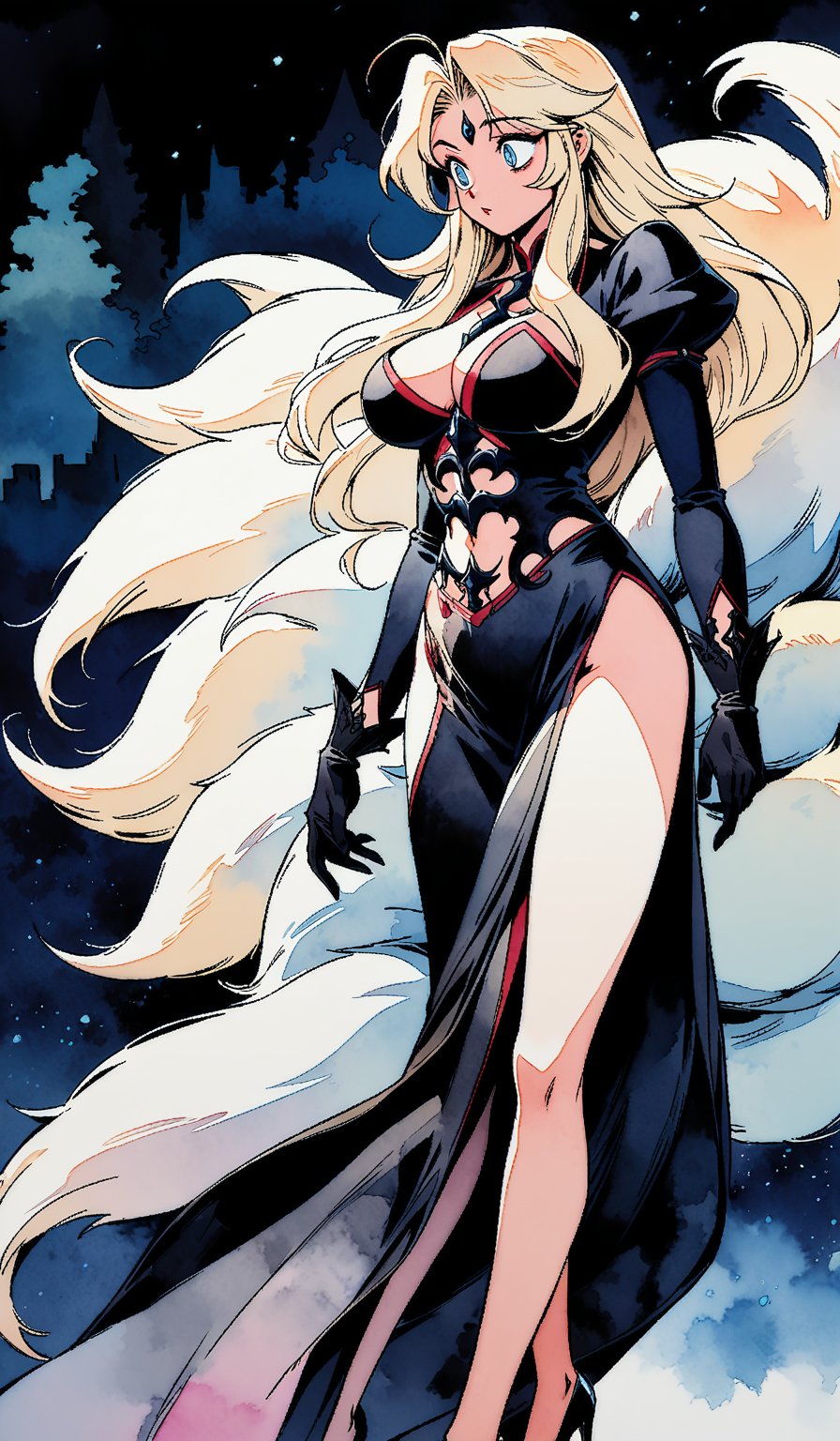 Watercolor, pixiv, Korean comic style, Castlevania style, Gothic, Hades style, in the style of Atey Ghailan, 90s comic cover, 2 d game illustration style, full-body portrait, anime aesthetic.(Nine-tailed fox, fox niang, royal sister, with silver blond hair, long hair and big eyes, tail vertebrae with nine fox tail long legs wearing high heels, sexy, big chest, ethereal, charming black gloves), close view, middle scene, animation art style, moonlight background, dark fantasy, super clear, delicate details