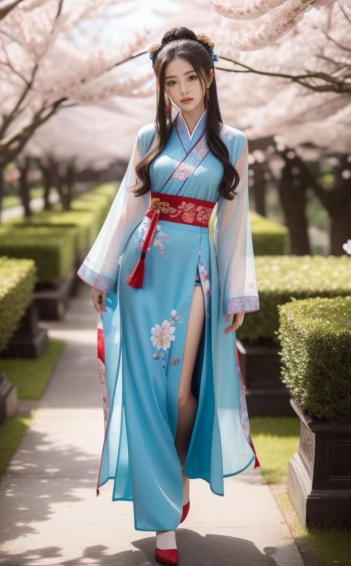 Create a hyper-realistic image of a woman wearing a traditional Tang Dynasty Hanfu, specifically a Qixiong Ruqun. She is walking in a forest of cherry blossoms. The Hanfu should feature a high-waisted skirt tied above the chest, with a light blue top adorned with intricate floral embroidery and long flowing sleeves. The multi-layered skirt transitions from white to deep red with floral and pattern motifs. The woman should have her hair in a traditional updo, decorated with delicate hairpins and flowers. She should have a sweet smile with dimples, and the skirt should be flowing elegantly in the wind. The overall scene should evoke a sense of tranquility and grace.