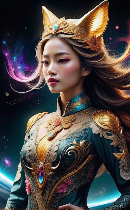 "Create an ultra-realistic, extreme sports photography cinematic scene. In the center of the image, there is a rotating, colorful plasma gas and light wormhole. Emerging halfway from the wormhole is a beautiful nine-tailed golden fox princess (either Oriental or Western). She has an oval-shaped face, flowing golden wavy long hair, and is wearing a princess dress made of pure gold-embroidered lace, featuring floral patterns and pure gold lace trim. She has her mouth open and is reaching out with her right hand for help. The image should have high contrast with detailed facial features, rich details, and extremely high resolution, presenting a photographic realism with intricate textures. Incorporate trillions of layers of exposure to enhance the depth and realism."