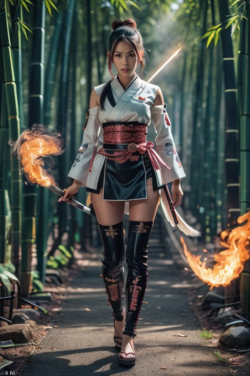 full body view,  A beautiful Japanese ninja wearing a pink and white stealth combat uniform is taking off her nine-tailed...