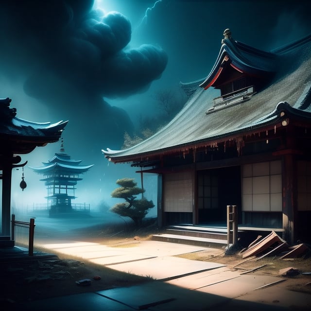 Create a hyper-realistic, dark, and eerie scene with a completely black background. The viewpoint is from the front. The image should have an old photograph, film camera style, with a grainy texture, lacking in light, and with a shaky, blurry effect. The setting is a decrepit, half-collapsed Japanese shrine, with peeling paint and rotting wood that crumbles in the wind. The world is dark and lonely, with no sound or light. Huge black particles swirl around in the wind, creating an effect that surrounds the shrine, amidst a storm of black dust.