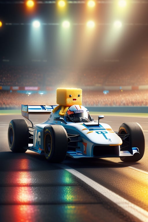 A delightful square sugar cube, adorably dressed in a sleek racing suit with a matching helmet, confidently seated in a miniature F1 racing car. The scene is vibrant and dynamic, set on a detailed race track with dramatic lighting emphasizing speed and motion. The composition captures the sugar cube in a poised, ready-to-race pose, with the F1 car's wheels slightly blurred to convey movement, amidst a backdrop of checkered flags and grandstands.