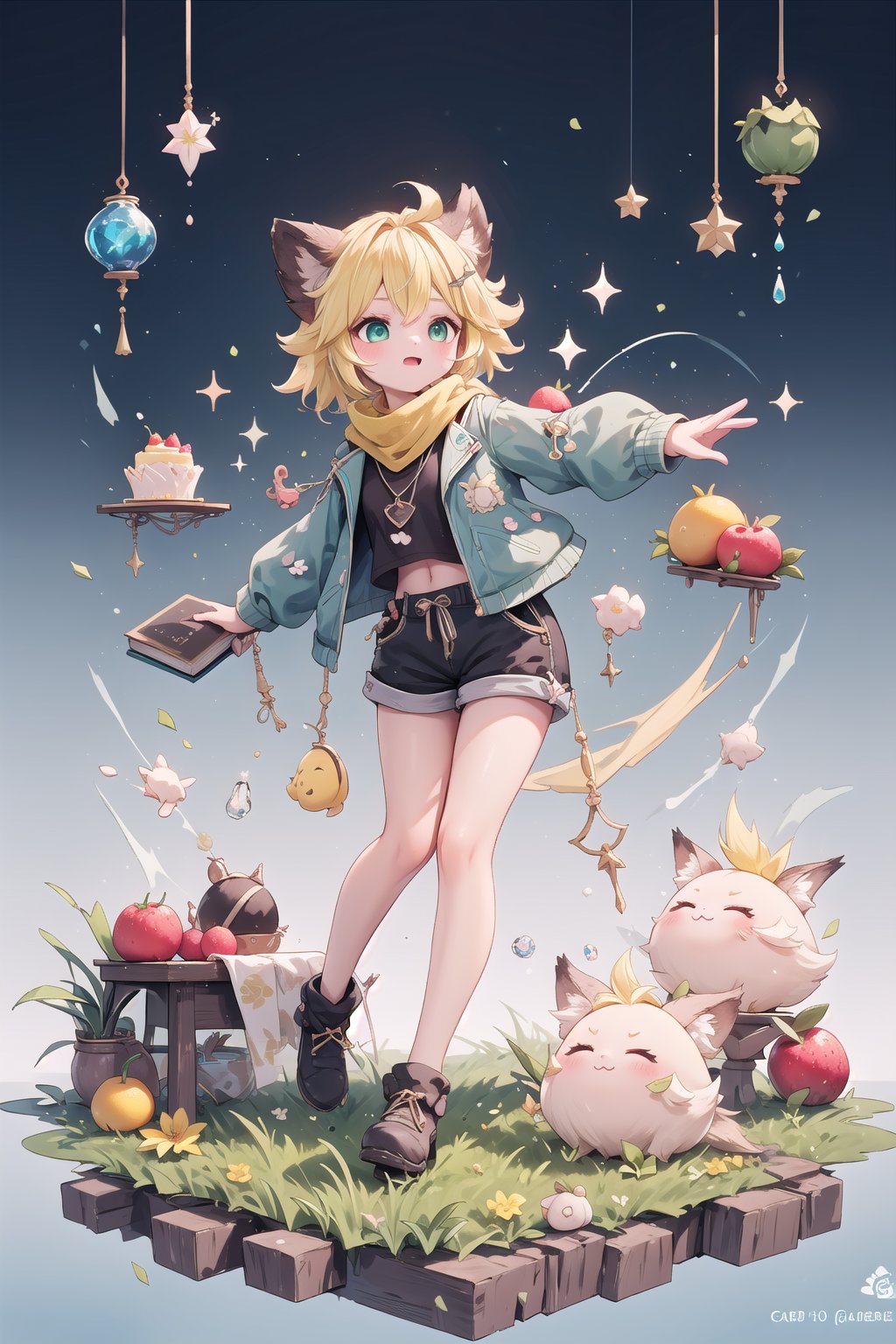 1 Girl, short blonde hair, brown animal ears, green eyes, hairpin, long yellow scarf, a strand of hair standing up, short black t-shirt, green short jacket, necklace, lollipop, shorts, sweet background, joy, "elegant crystal, graceful curves, Filled with orange and white marble fluid forming a fox shape, wavy and dynamic movement Floating pastel flower petals Anime soft pink gradient background and bright colors. Cute, short blonde hair, animal ears brown, hairpin, yellow scarf, pendant, green rolled up jacket, short black t-shirt, shorts, cloth, necklace, black stockings, indoor background, decoration, table, fruits, grass, flowers, colour_textDecoration, board write, grass, flowers, text, joyml, tousled hair, toys, scattered, Look for it, A strand of hair stands up,Books, children's games, cloth, colorful pointed flags, cups, cakes, Snotty, Red nose, standing, leaning against the wall, thin body, Slim