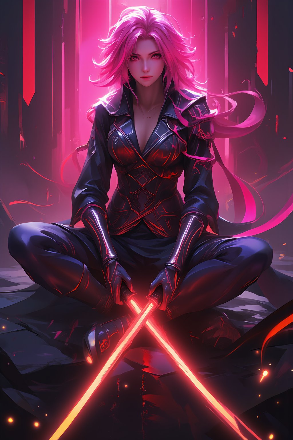 A pink and black cyberpunk samurai  sitting cross-legged, with a red-glowing swords in front. The cyberpunk landscape adds a futuristic touch to the assassin character. Cyberpunk anime art,glowing,bright,luminous skin,glowing brightly,warm light,radiant,soft,glowing skin and vibrant, luminous features,glowing visual effects,glowing particles,neon