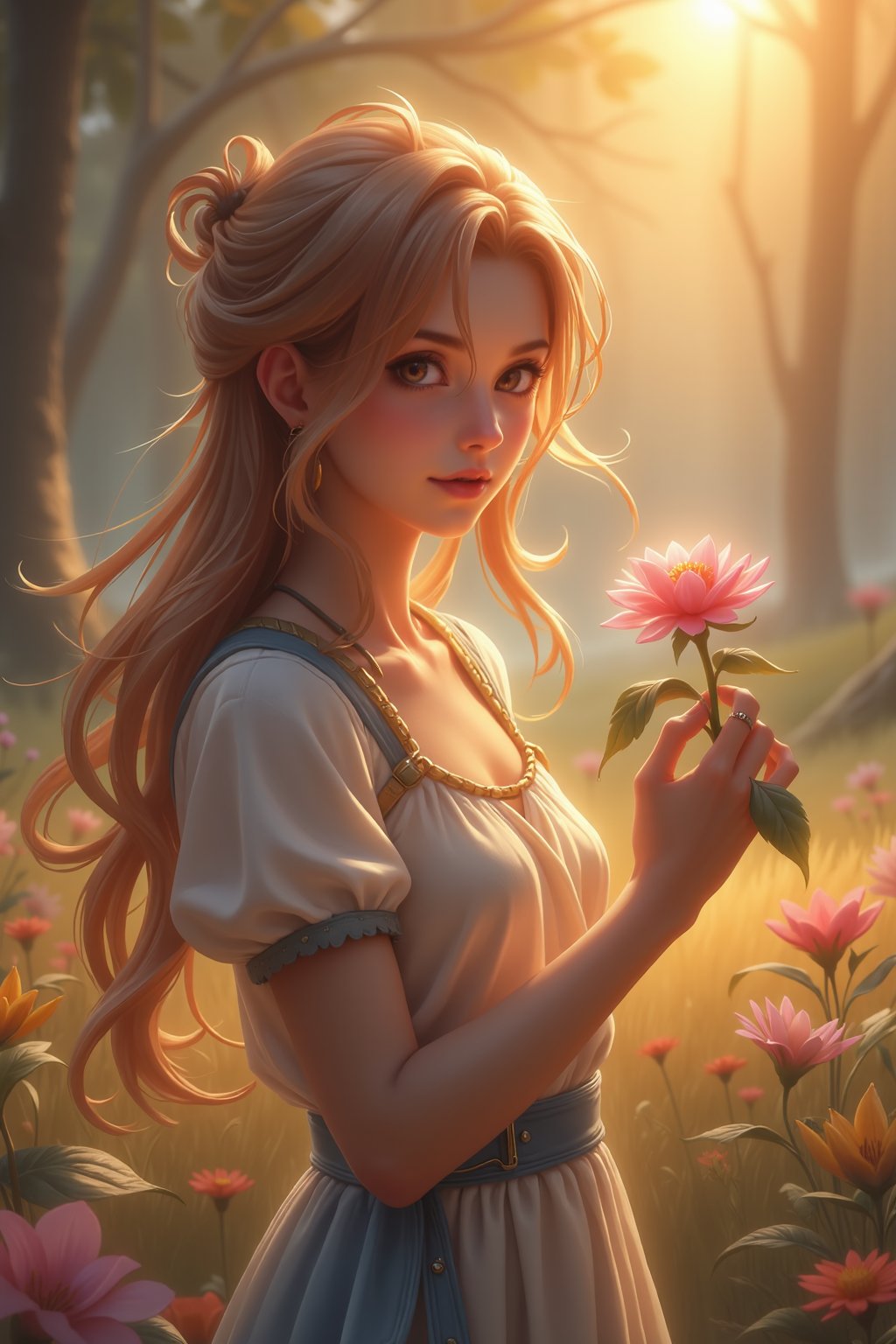 1girl Portrait of a Caucasian beautiful girl holding the most delicate flower, blured forest background, morning sunrise, 8k, anime 