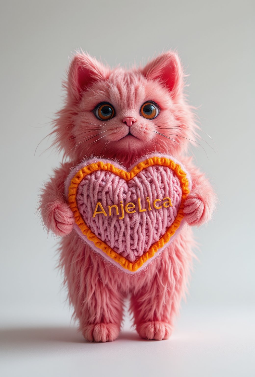 A vibrant, pastel-colored 3D render of a pink and orange furry heart with the playful text "Anjelica" written on it. The heart is held by a cute, fluffy pink cat with big eyes, standing on a white background. The overall design exudes a sense of whimsy and cuteness, with the soft fur and bright colors making it visually appealing. More
