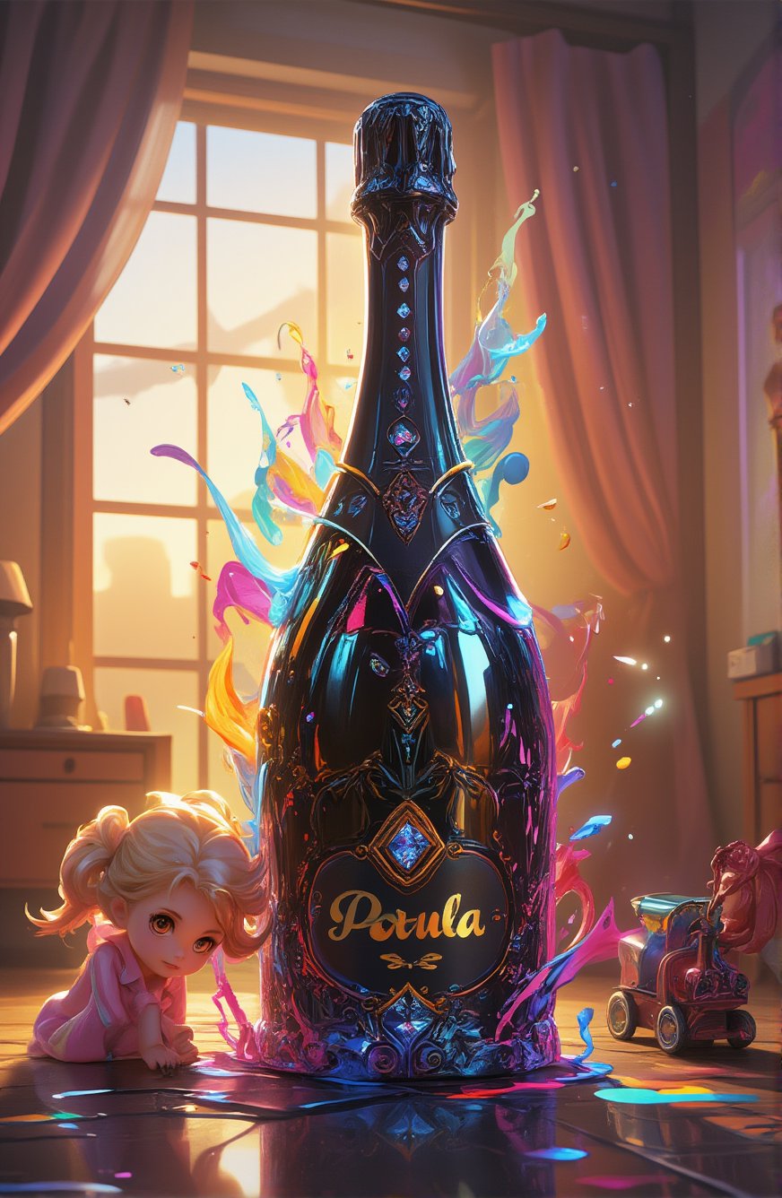 1 cute chibi girl, longest twin ponytail blonde hair, orange eyes, pink pajama outfit, pink pants, in room, childish room design, toy train, masterpiece, detail, crawling pose, 
A 3D render of a massive black champagne bottle with vibrant, swirling alcohol ink designs. The bottle is adorned with splashes of multicoloredpaint, blending seamlessly into the background. There is a fire with diamonds. The text "Paula" is written in gold on the bottle, creating a harmonious balance between the structured engraving and the free-flowing ink patterns.