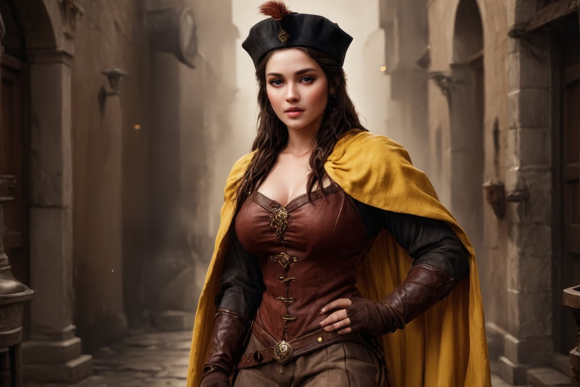  4d - cinematic concept  beatifull female, concept_art photographic image  of ((a A FULL-LENGTH))   ((Spanish young  very beautiful noble female ))  of the  Renaissance era in Spanish soldier  equipment and  Spanish soldier  outfit. ((yellow long  cape)). (( brown Spanish leather soldier defended doublet of the 16th century)) loose light brown trousers, she stands  in a proud pose, suede gloves, a neat black spanish beret with a feather, (((high soldier's buttresses))). realistic, vivid colors octane render trending on artstation, artistic photography, photorealistic concept art, soft natural volumetric cinematic perfect light, UHD no background., detalied beutifull spanish face realistic, vivid colors octane render trending on artstation, artistic photography, photorealistic concept art, soft natural volumetric cinematic perfect light, UHD no background., detalied beutifull spanish face, , 