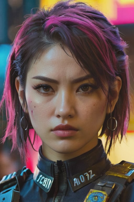of a young japan female as a "cyberpunk 2077 style" seasoned and experienced female policeman. film frame,  trending on ar...