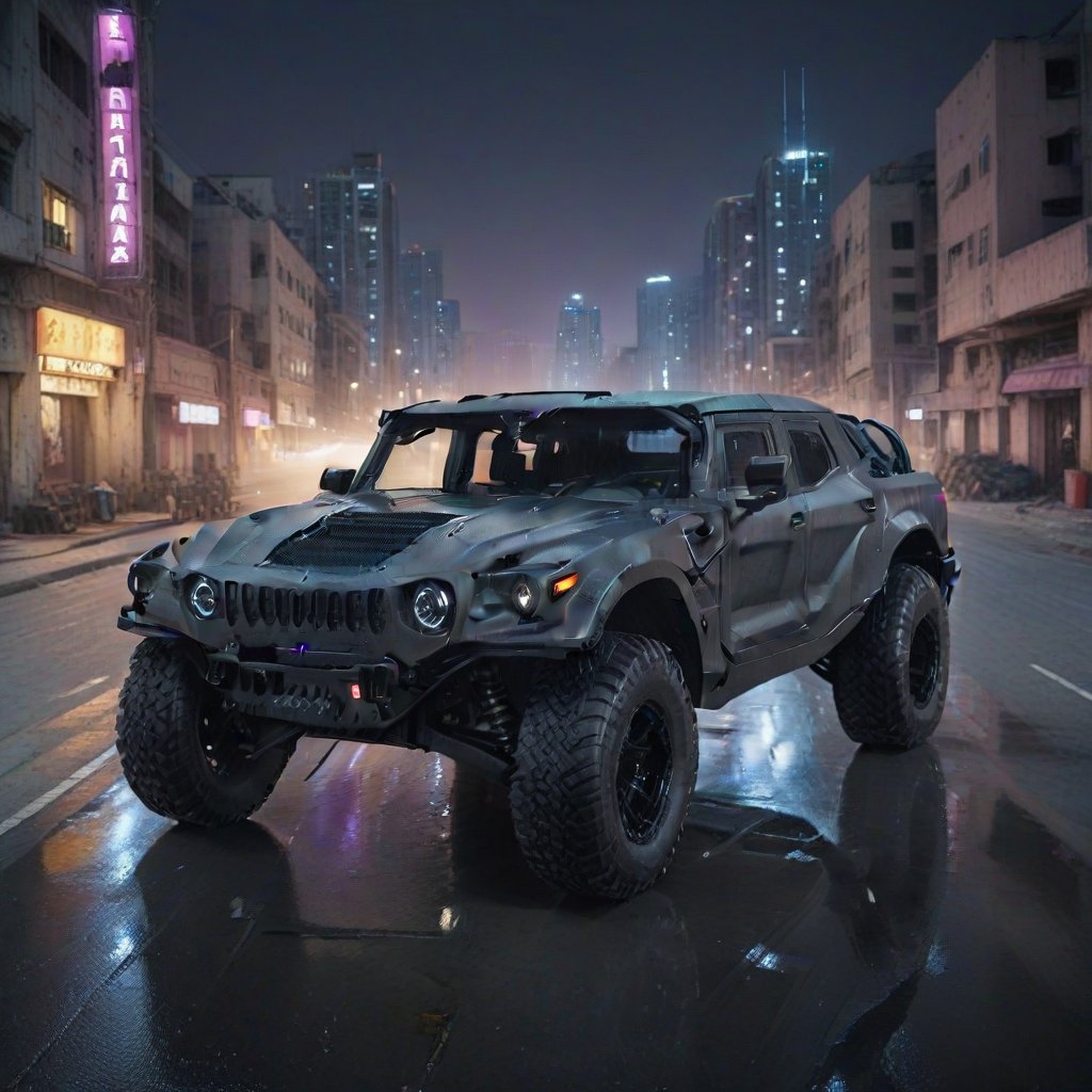 1car, ((masterpiece、highest quality、genuine、Super detailed、High resolution、sharp focus、Live shooting、cinematic lighting))、((vehicle focus、there are no humans))、 4 wheels transport vehicle,Abandoned city at dusk,4 door,2 headlights,Double row seat,Correct perspective,big wheels,laser headlight,Body metal,Shield style,Edge wear,No array