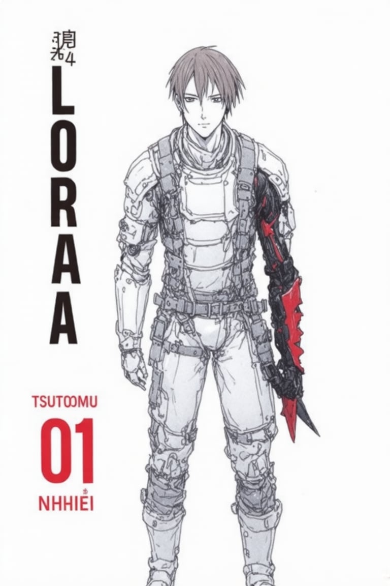 This image is a digital drawing in a manga style, depicting a character named Tsutomu Nihiei from the manga series "LORA." The character is a young man with short, light brown hair and a serious expression. He is dressed in a bulky, white, armored suit with numerous straps and buckles, giving it a rugged and utilitarian appearance. The suit is detailed with intricate stitching and padding, suggesting it is designed for protection and durability. 

The character's right arm is replaced by a mechanical prosthetic, which is red and black and appears to be a weapon or a tool. The prosthetic has a jagged, sharp edge, indicating its potential for combat. A long, black, coiled tube is attached to his suit, possibly for a weapon or communication purposes.

The background is plain white, which makes the character and his gear stand out prominently. The number "01" is in the lower left corner in large, bold red text, indicating the volume number of the manga series. Above the character's head, the words "LORA" are in bold, black, uppercase letters, with "TSUTOMU NIHIEI" in smaller, black text underneath. The overall art style is gritty and realistic, emphasizing the character's