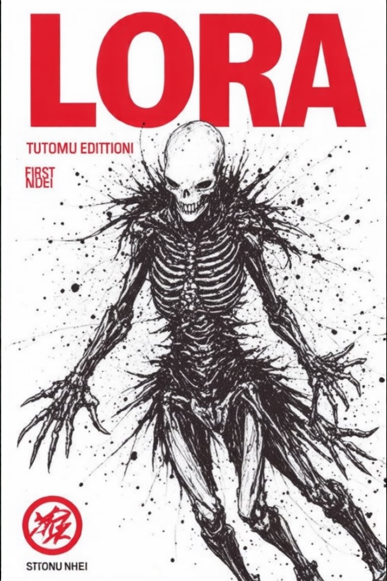 This monochrome manga by tsutomu nihei is a highly detailed manga by tsutomu nihei The image is a digital illustration for the cover of a graphic novel titled "LORA FIRST EDITION." The artwork is predominantly black and white with bold red accents. The central figure is a skeletal, humanoid creature with a skull-like face and a menacing expression. The creature's skin is ribbed and textured, giving it a skeletal appearance. Its arms are outstretched, and its hands are claw-like, adding to the menacing atmosphere. The background is a gradient of white to black, with abstract splatters and smudges, suggesting a chaotic or post-apocalyptic environment.

The title "LORA" is prominently displayed in large, bold red letters at the top of the cover, with the subtitle "FIRST EDITION" below it. The text "TSUTOMU NIHEI" is printed in smaller red letters at the top left corner, indicating the artist's name. The bottom left corner features a small red logo with a black border, possibly representing the publisher. The overall style is dark and gritty, with a focus on the creature's menacing presence and the chaotic background, evoking a sense of dread and intensity.

