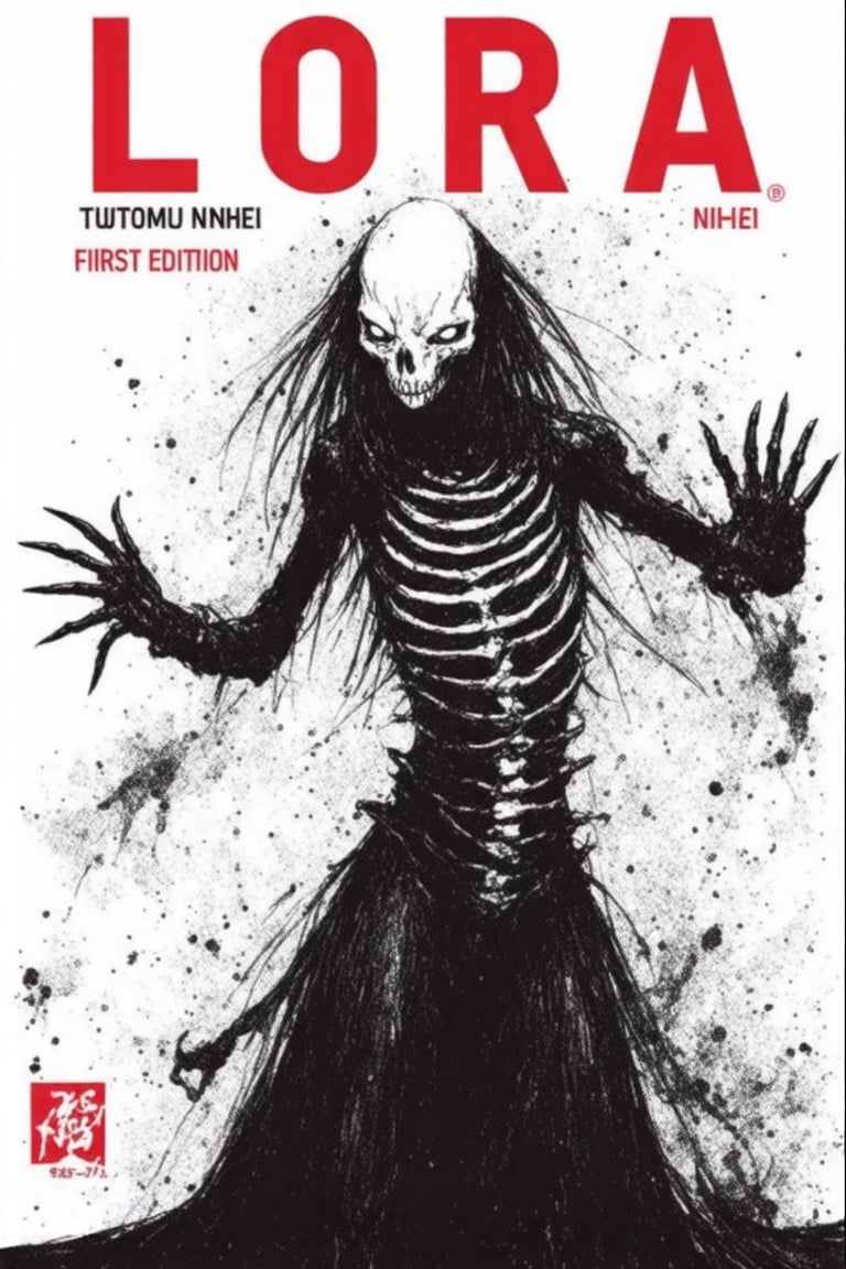 This monochrome manga by tsutomu nihei is a highly detailed manga by tsutomu nihei The image is a digital illustration for the cover of a graphic novel titled "LORA FIRST EDITION." The artwork is predominantly black and white with bold red accents. The central figure is a skeletal, humanoid creature with a skull-like face and a menacing expression. The creature's skin is ribbed and textured, giving it a skeletal appearance. Its arms are outstretched, and its hands are claw-like, adding to the menacing atmosphere. The background is a gradient of white to black, with abstract splatters and smudges, suggesting a chaotic or post-apocalyptic environment.

The title "LORA" is prominently displayed in large, bold red letters at the top of the cover, with the subtitle "FIRST EDITION" below it. The text "TSUTOMU NIHEI" is printed in smaller red letters at the top left corner, indicating the artist's name. The bottom left corner features a small red logo with a black border, possibly representing the publisher. The overall style is dark and gritty, with a focus on the creature's menacing presence and the chaotic background, evoking a sense of dread and intensity.

