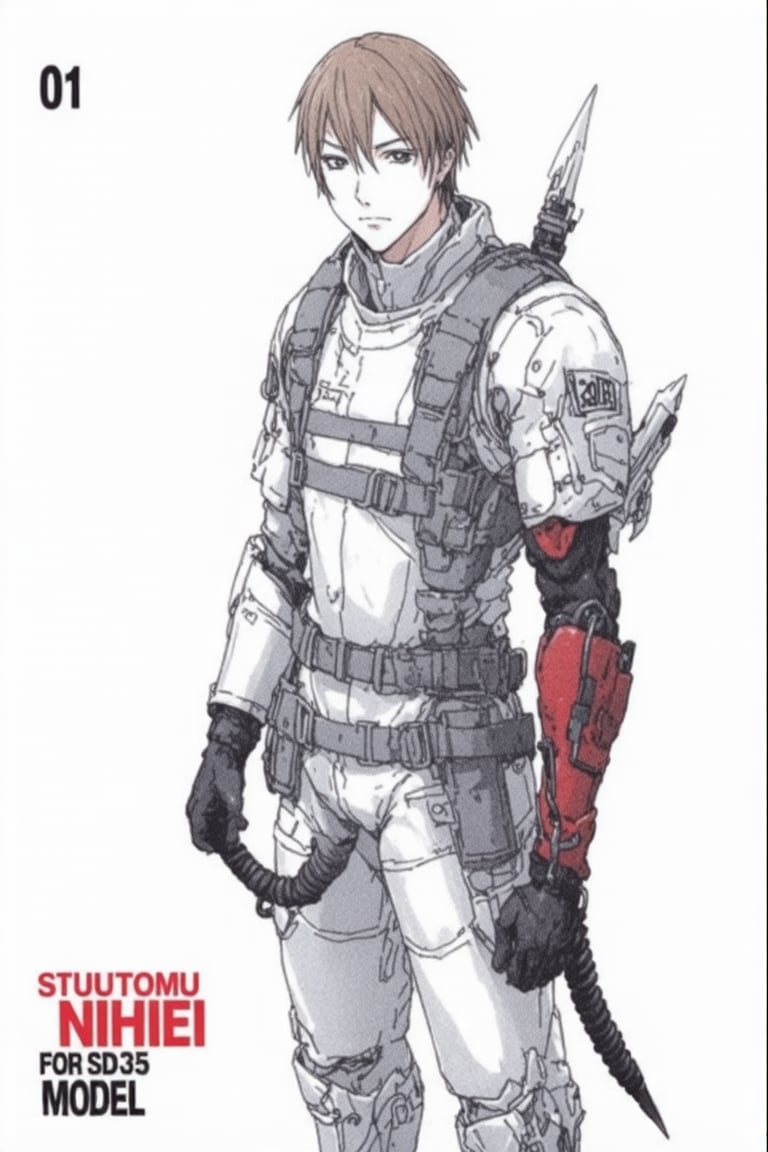 This image is a digital drawing in a manga style, depicting a character named Tsutomu Nihiei from the manga series "LORA" The character is a young man with short, light brown hair and a serious expression. He is dressed in a bulky, white, armored suit with numerous straps and buckles, giving it a rugged and utilitarian appearance. The suit is detailed with intricate stitching and padding, suggesting it is designed for protection and durability. 

The character's right arm is replaced by a mechanical prosthetic, which is red and black and appears to be a weapon or a tool. The prosthetic has a jagged, sharp edge, indicating its potential for combat. A long, black, coiled tube is attached to his suit, possibly for a weapon or communication purposes.

The background is plain white, which makes the character and his gear stand out prominently. The number "01" is in the lower left corner in large, bold red text, indicating the volume number of the manga series. The author of this manga is written with the words "TSUTOMU NIHIEI" in bold, black, uppercase letters, with "FOR SD35 MODEL" in smaller , black text underneath , suggesting a model or version number. The overall art style is gritty and realistic, emphasizing the character's