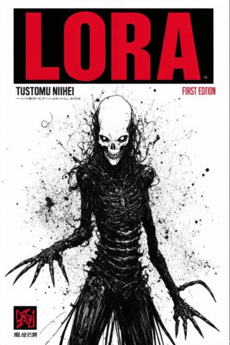 This monochrome manga by tsutomu nihei is a highly detailed manga by tsutomu nihei The image is a digital illustration for the cover of a graphic novel titled "LORA FIRST EDITION." The artwork is predominantly black and white with bold red accents. The central figure is a skeletal, humanoid creature with a skull-like face and a menacing expression. The creature's skin is ribbed and textured, giving it a skeletal appearance. Its arms are outstretched, and its hands are claw-like, adding to the menacing atmosphere. The background is a gradient of white to black, with abstract splatters and smudges, suggesting a chaotic or post-apocalyptic environment.

The title "LORA" is prominently displayed in large, bold red letters at the top of the cover, with the subtitle "FIRST EDITION" below it. The text "TSUTOMU NIHEI" is printed in smaller red letters at the top left corner, indicating the artist's name. The bottom left corner features a small red logo with a black border, possibly representing the publisher. The overall style is dark and gritty, with a focus on the creature's menacing presence and the chaotic background, evoking a sense of dread and intensity.

