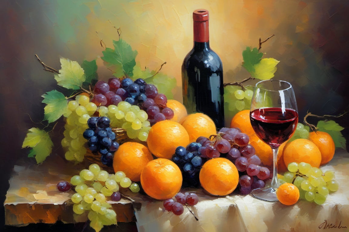 Oranges, apples, grapes, wine,
Still life oil painting, utilizing palette knife, masterpiece, ultra details, high resolution 