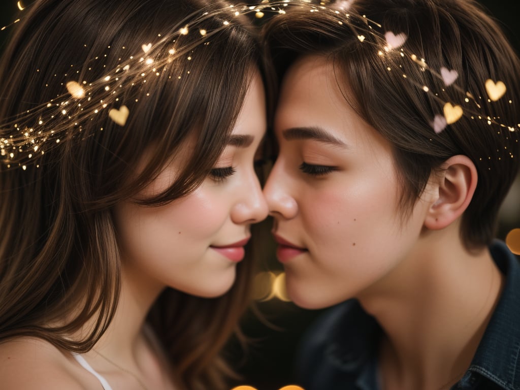 masterpiece, best quality, high res, 32k, two lovers in heart shape bokeh , many hearts in backdrop , blurry, glowing image