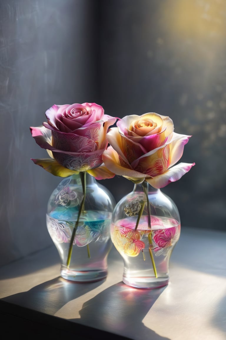 Two roses, one is pink, another is yellowish, in the transparent glass vase with beautiful pattern, sunlight from window penetrate the vase, violent gray background 