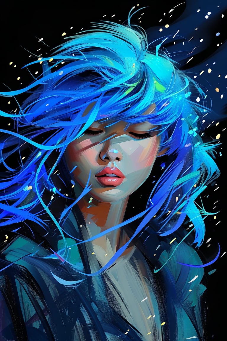 Create bold brush painting effects on the given image, especially on hair, like wind blowing a bunch of threads of hair, deform the hair style, add glittering spots, half closed eyes