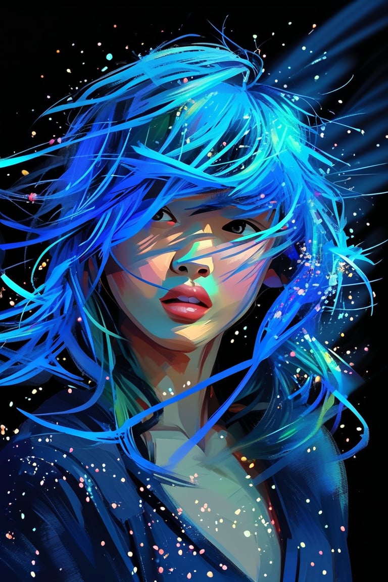 Create bold brush painting effects on the given image, especially on hair, like wind blowing a bunch of threads of hair, deform the hair style, add glittering spots, half closed eyes