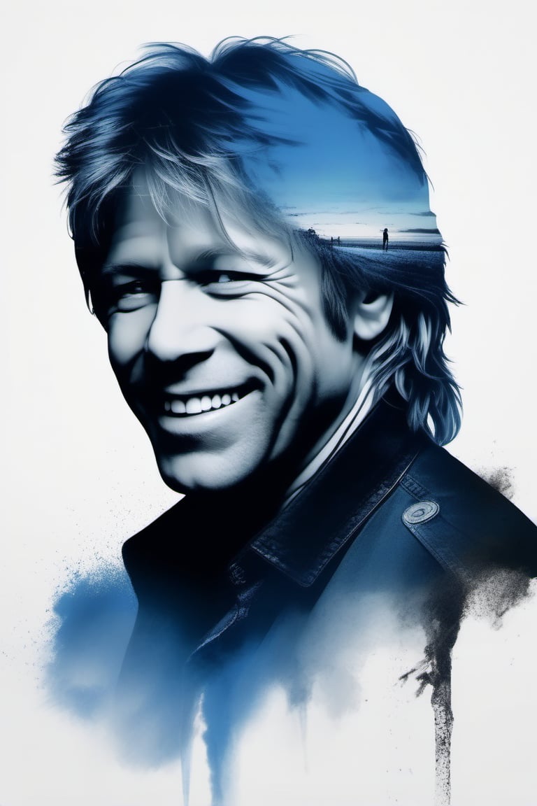 Bon Jovi's face with a smile, beautiful scene from the song "thank you for loving me'", double exposure, black over blue colours,