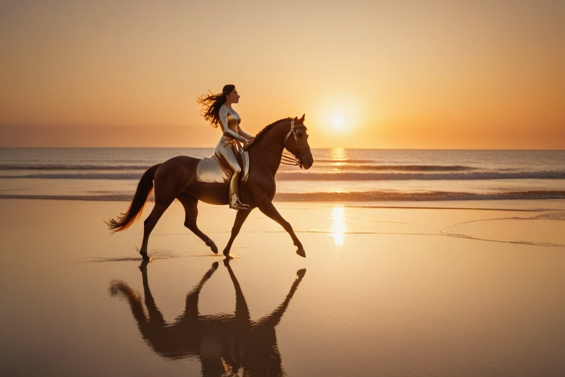 A serene sunset scene: a stunning young woman clad in a vibrant silver suit with long sleeves sits comfortably on her majestic brown horse as it walks deliberately across the warm sandy beach. Like a Actress from super woman movie, her dress is flying in the air, the gentle evening light casts a golden glow on the duo, show wild nature of sea, with the camera positioned at eye-level to capture the subtlety of the moment. 1 inch full frame sensor, Zeiss wide angle  lens' intimate framing, while an ISO of 200 and f/1.8 aperture yield a crisp, creamy texture. Shutter speed 1/250 sec freezes the tranquil movement. Spot metering,