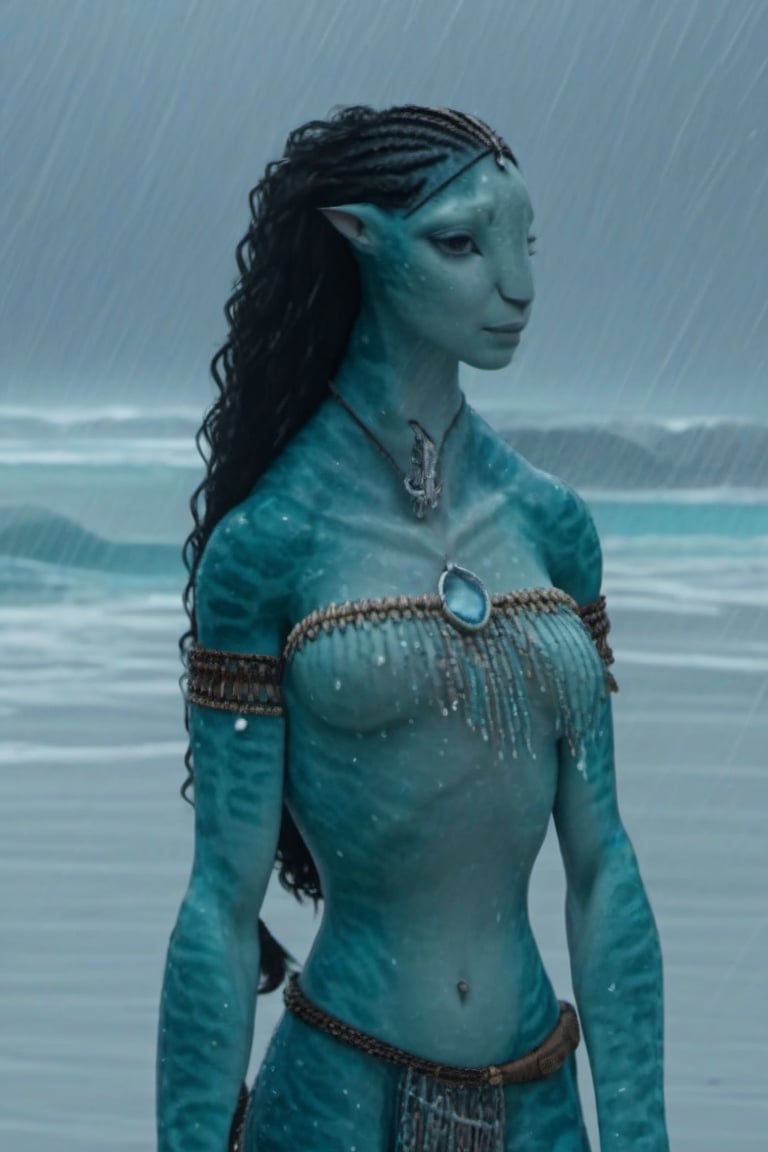 Beautiful na’vi,((Dior Goodjohn)), female, aqua skin, jewelry, ((gloomy beach:background)), raining, ((closeup)), movie scene, freckles, detailed, hdr, high quality, movie still, tail, skin detail,ADD MORE DETAIL