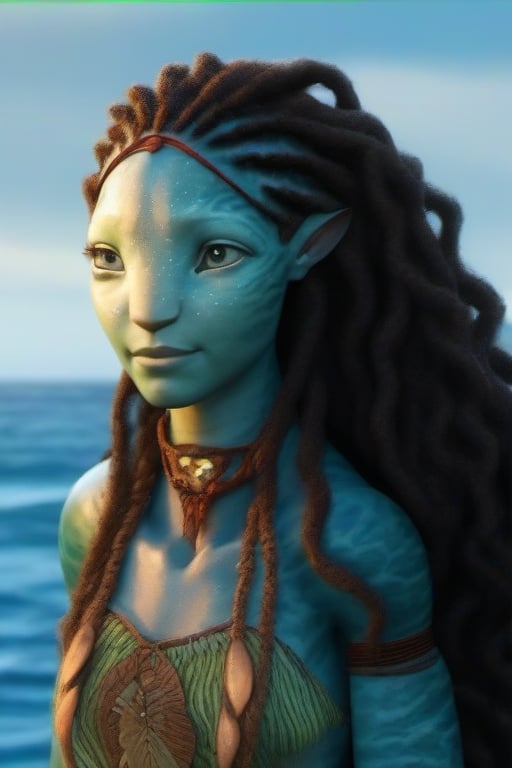 Resembles Tsireya, curly locs, realistic, beautiful, avatar, photo realism, na'vi, metkayina, waist up photo, ocean background 