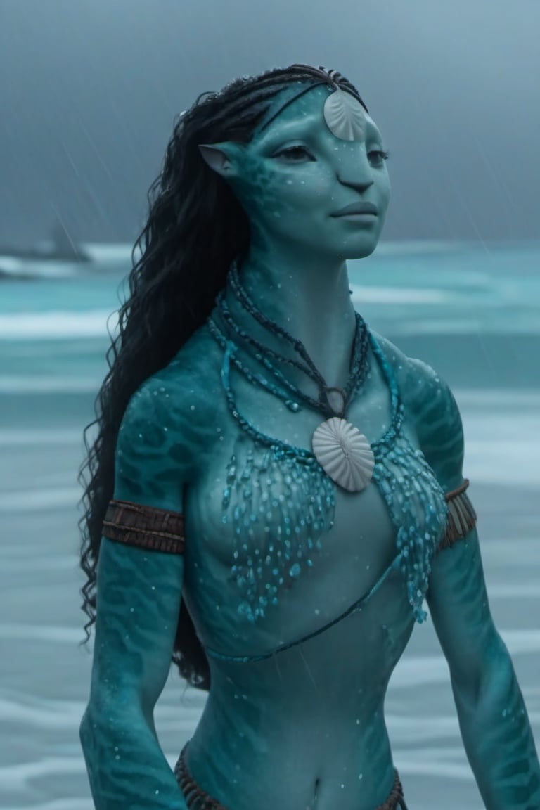 Beautiful na’vi,((Tsireya)), female, aqua skin, jewelry, ((gloomy beach:background)), raining, ((closeup)), movie scene, freckles, detailed, hdr, high quality, movie still, tail, skin detail,ADD MORE DETAIL