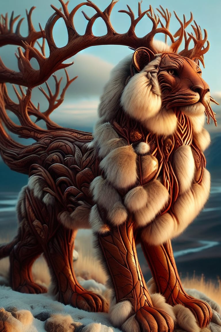 forest Tiger stands proudly on a frosty mountain peak, bathed in warm golden light of sunset. Framing the shot is a sweeping vista of rugged peaks and swirling clouds, with the tiger's powerful physique at its center. The shimmering white fur glows beneath the golden light, while piercing green eyes gleam with inner fire as it surveys the icy domain. In the background, misty valleys and towering evergreens stretch out to the horizon.