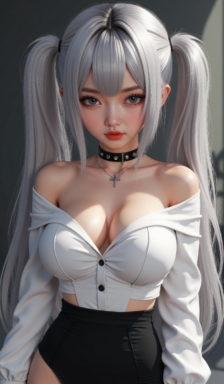 best quality, ultra high res, (photorealistic:1.4), 1girl, off-shoulder white shirt, black tight skirt, black choker, (faded ash gray hair:1), (huge breasts:1.2), looking at viewer, closeup