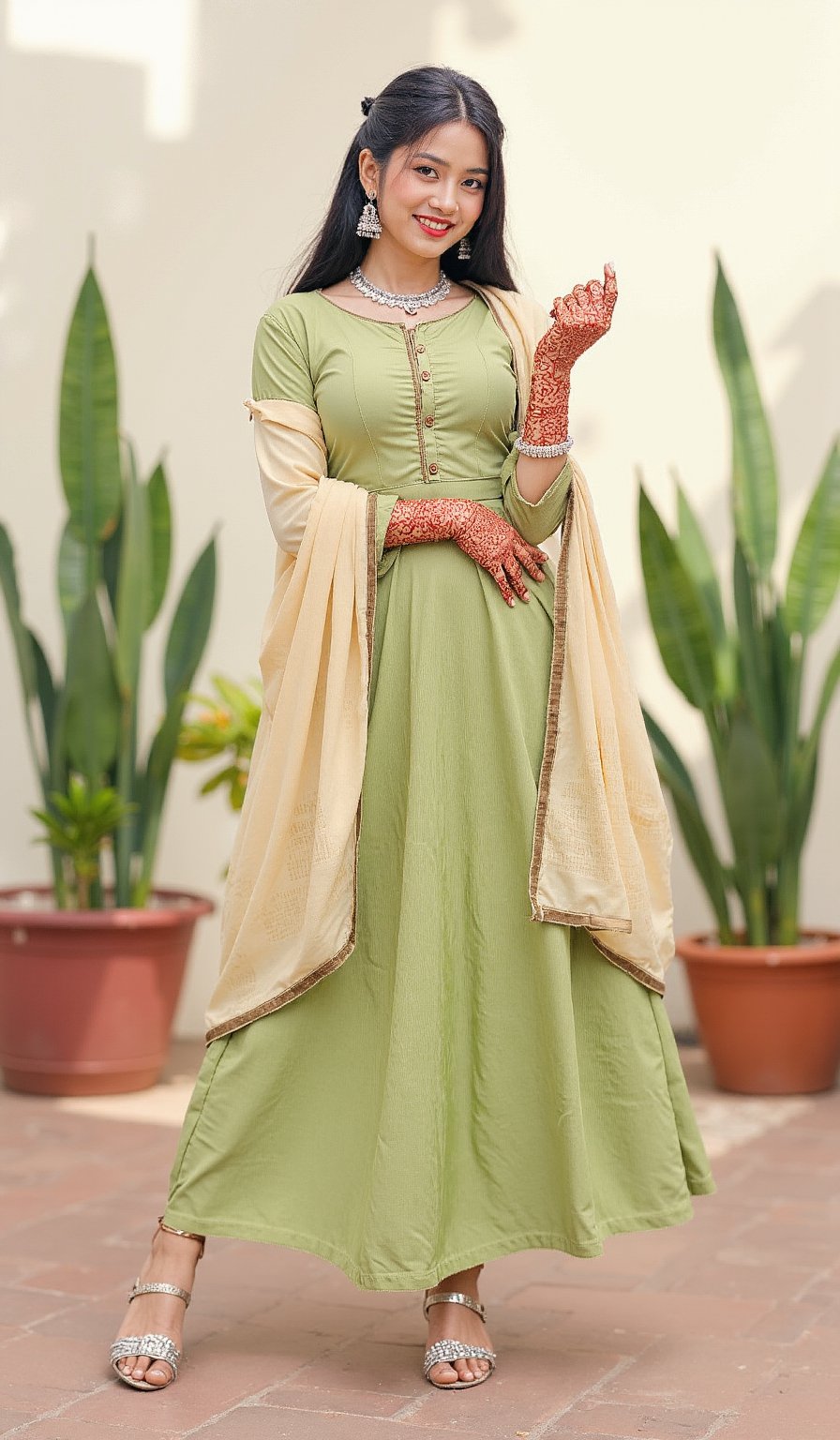 1girl, solo, looking at viewer, smile, kurti and dupatta, black hair, jewelry, standing, full body, earrings, outdoors, wide sleeves, mehndi on hand, showing mehndi, hands up, plant, long kurti, photo background