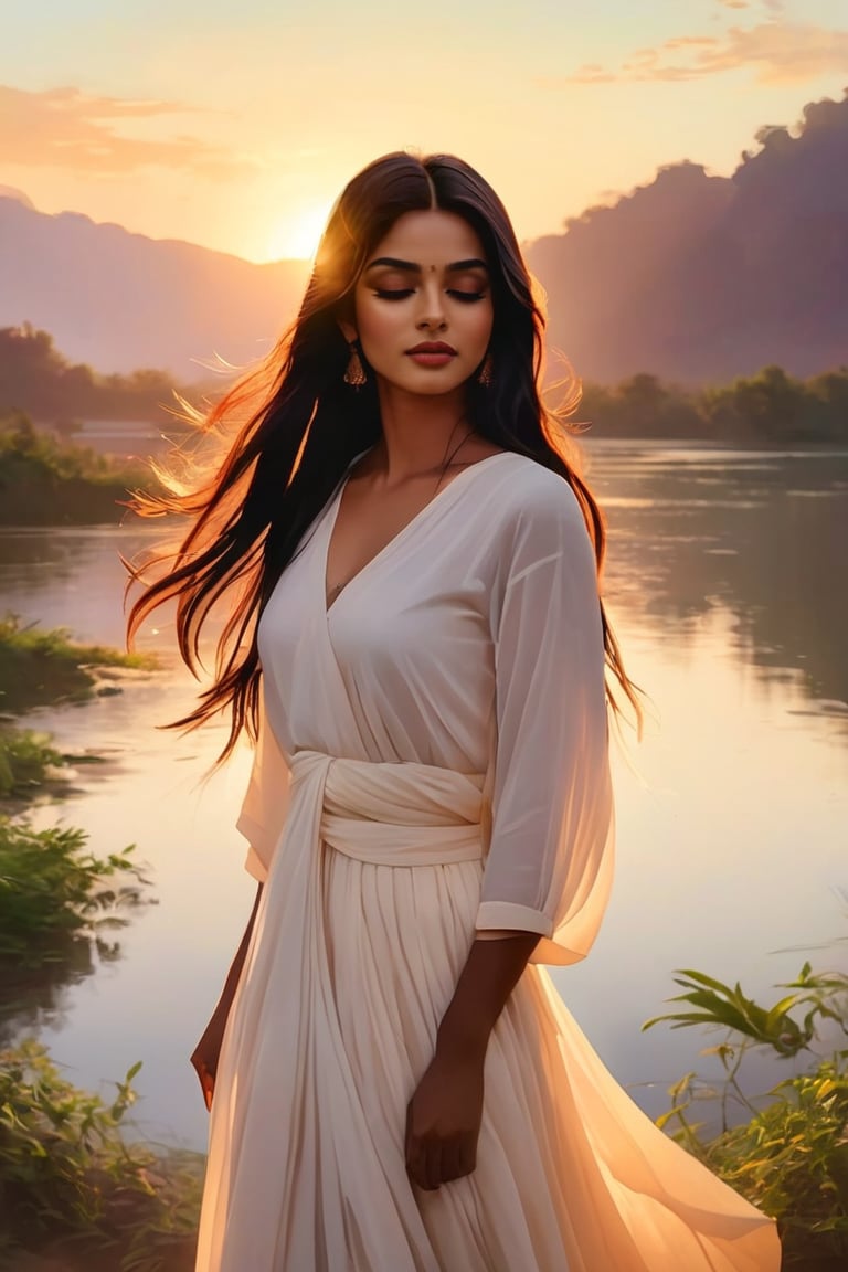 A serene Indian girl stands alone against a breathtaking sunset backdrop. Her long, dark hair cascades down her back as she wears a flowing white shirt and a pleated skirt. Her arms are wrapped around her torso, with her hands clasped together above her closed eyes. The framing of the shot showcases her upper body from the side, emphasizing her parted lips and tranquil expression. The warm golden light of the setting sun casts a flattering glow on her features, as if bathing her in peace.