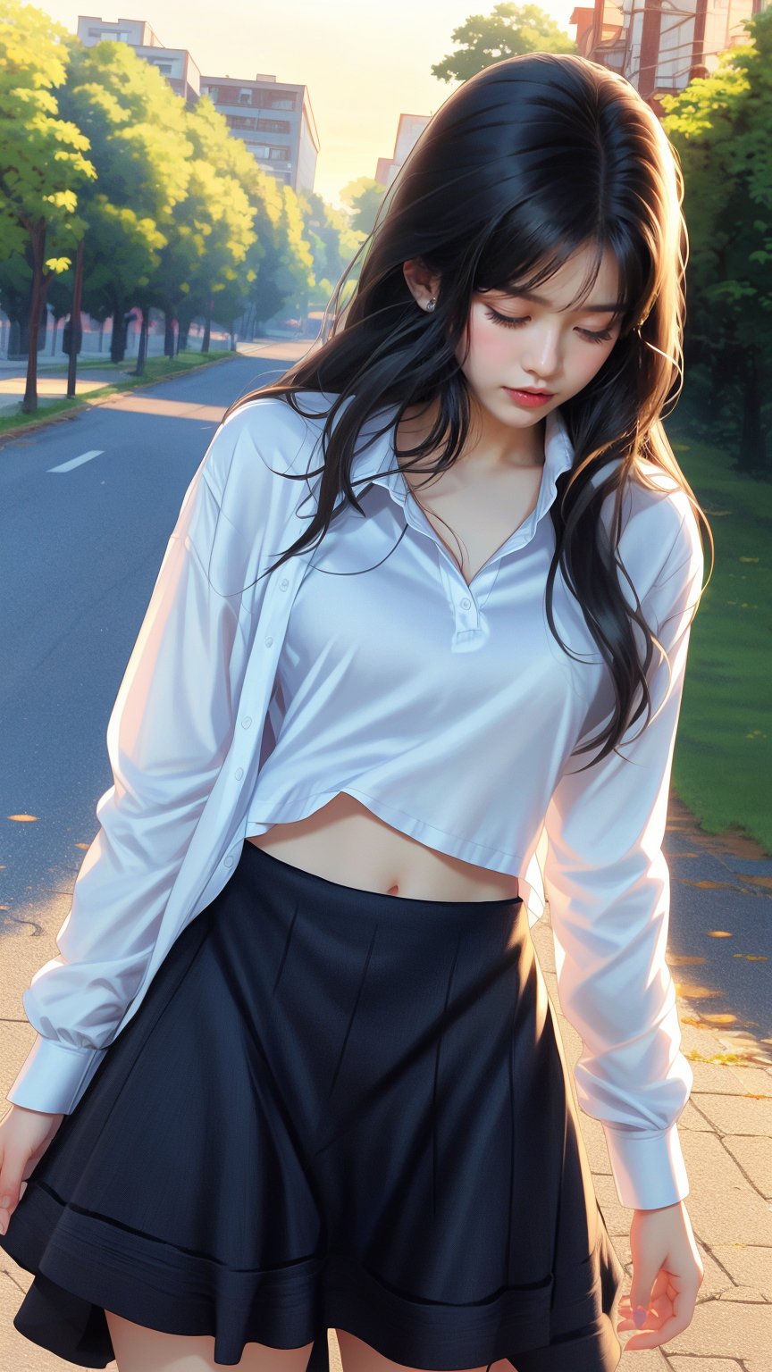 1girl, solo, long hair, skirt, shirt, black hair, long sleeves, closed eyes, white shirt, upper body, outdoors, parted lips, from side, lips, sunset