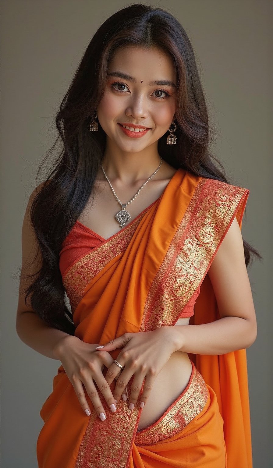 A young girl wearing a traditional saree, belly showing, young 18 beautiful girl,long hair, photorealistic, soft smile, sexy pose, flirting face, big boobs, five_fingers, infulencer, model, figure 36 28 36, realistic hands,