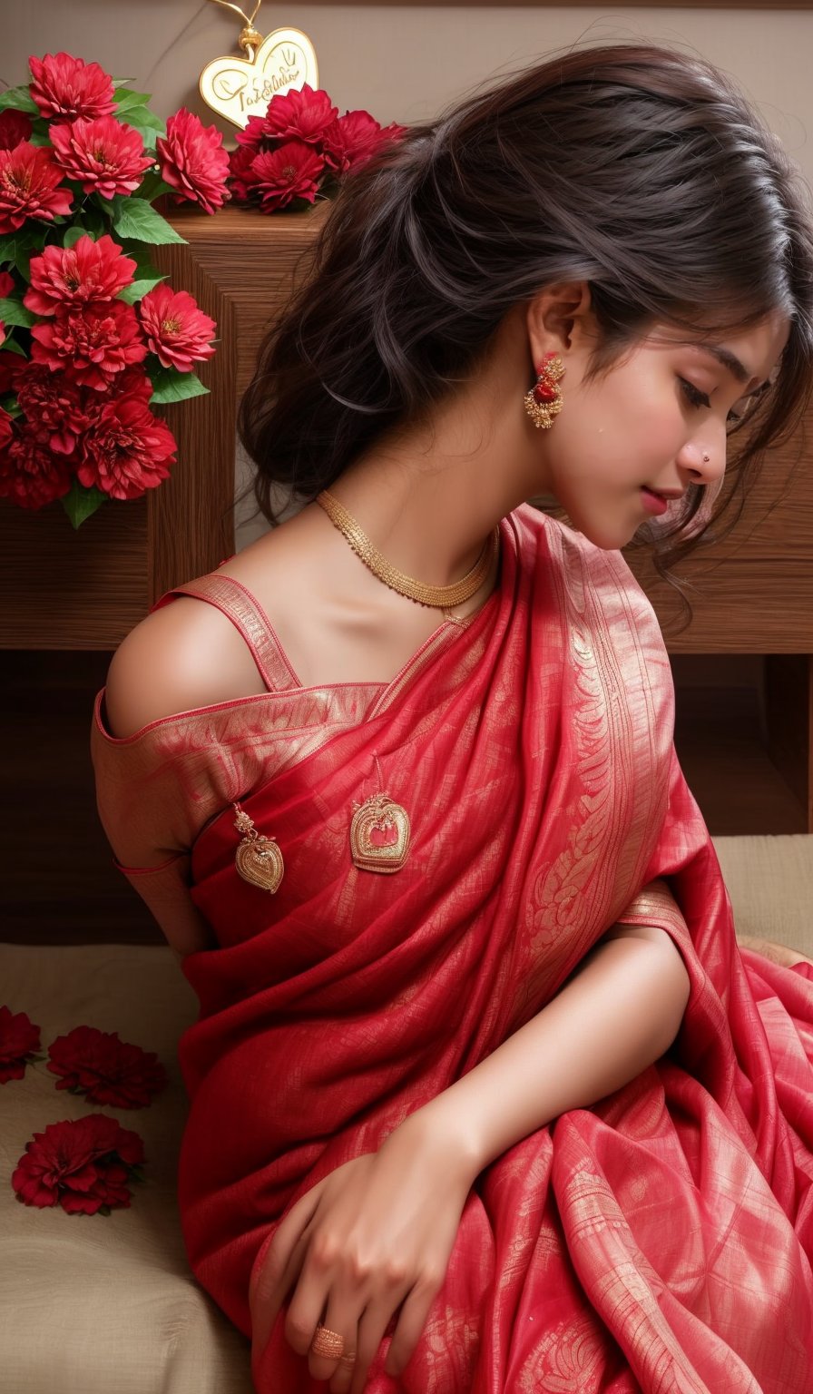 Aa Indian women,wear pink saree,sleep on bed,bed is carefully decorated with red flowers and made heart on bed,a heart make of light tag on wall and written LOVE, beautiful girl,real,realistic,wear hearing