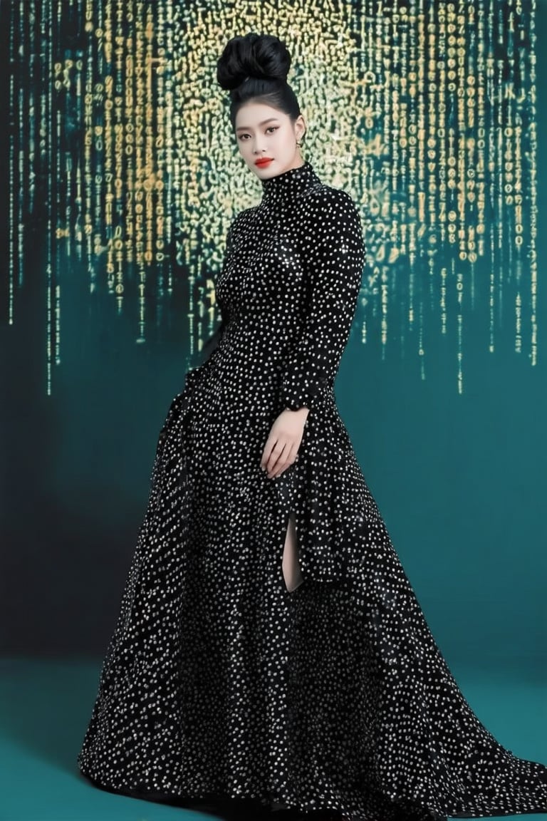 (The Gothic Art Deco biomechanical being, reminiscent of a punk, voodoo or robot goddess shaman, is swathed in soft gold and shimmering silver, shaded with binary code and laser beams, and her figure is partially draped in a twirling obsidian silk dress printed with delicate filigree floral patterns that echo the distinctive style of Gustav Klimt, captured within an environment of reflective holographic mirror panels projected against a vibrant backdrop. The panels divide the surrounding space into highly contrasting angular dots. Her environment is composed of reflective holographic mirror panels that break up the space around her into sharp points of contrast, set against vibrant backdrops.), detailed textures, High quality, high resolution, high precision, realism, color correction, proper lighting settings, harmonious composition, Behance works